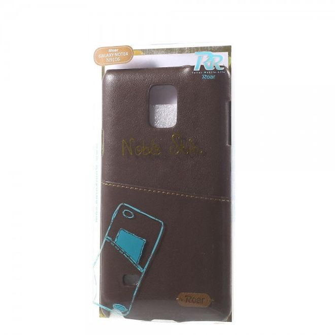 Samsung Galaxy Note 4 Roar Korea Hart Plastik Case mit Lederüberzug und Kreditkartenslot - kaffeefarben