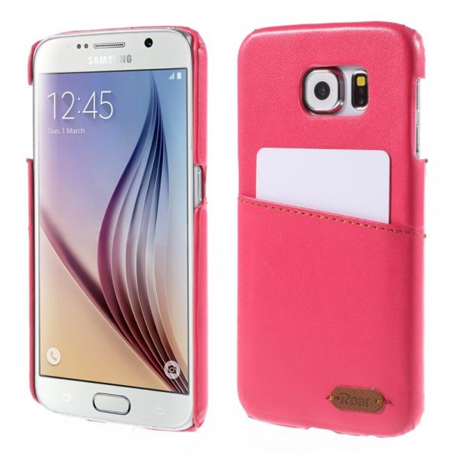 Samsung Galaxy S6 Roar Korea Hart Plastik Case mit Lederüberzug und Kreditkkartenslot - rosa