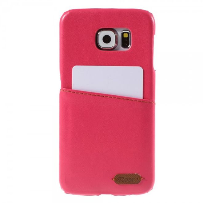 Samsung Galaxy S6 Roar Korea Hart Plastik Case mit Lederüberzug und Kreditkkartenslot - rosa