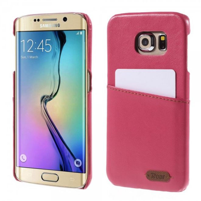 Galaxy S6 Edge Roar Korea Hart Plastik Case mit Lederüberzug und Kreditkkartenslot - rosa
