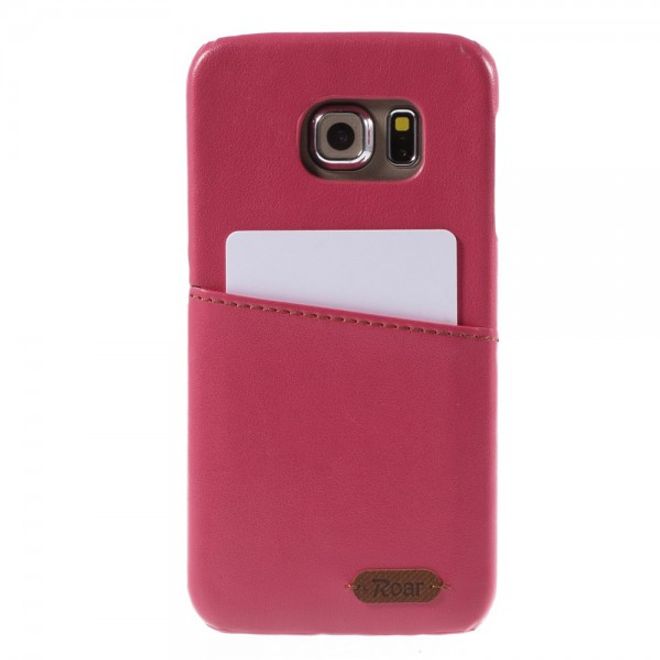 Galaxy S6 Edge Roar Korea Hart Plastik Case mit Lederüberzug und Kreditkkartenslot - rosa