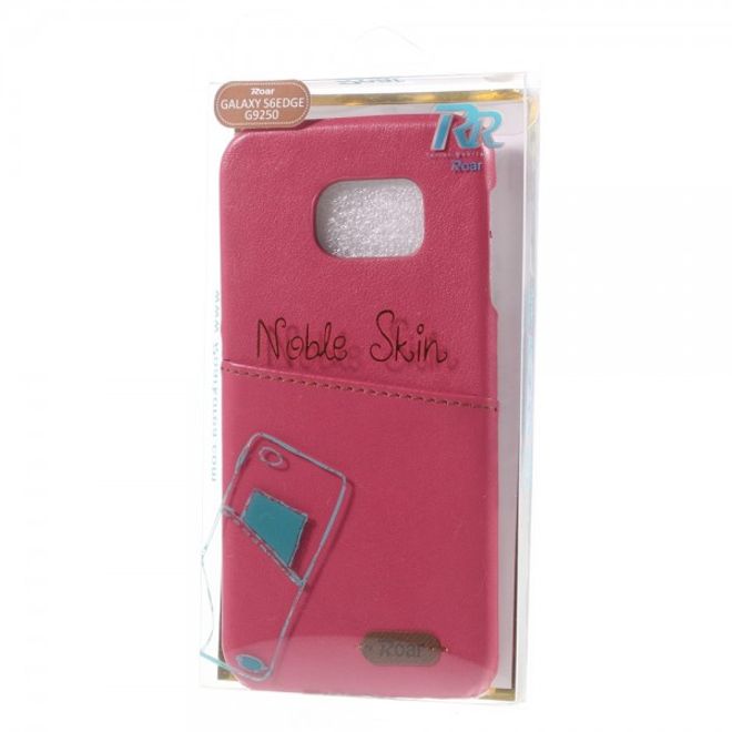 Galaxy S6 Edge Roar Korea Hart Plastik Case mit Lederüberzug und Kreditkkartenslot - rosa