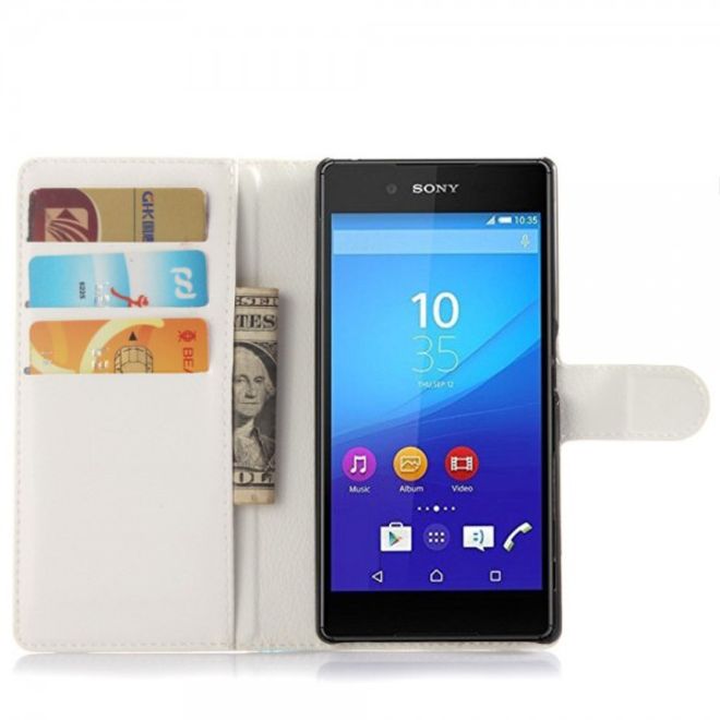 Sony Xperia Z5 Klassisches Leder Case mit Litchitextur und Standfunktion - weiss