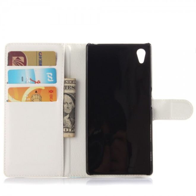 Sony Xperia Z5 Klassisches Leder Case mit Litchitextur und Standfunktion - weiss