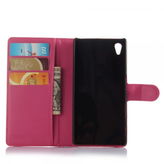 Sony Xperia Z5 Klassisches Leder Case mit Litchitextur und Standfunktion - rosa