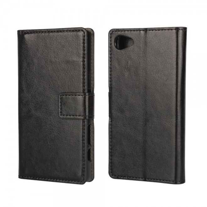 Sony Xperia Z5 Compact Elegantes Crazy Horse Leder Flip Case mit Kreditkartenslots - schwarz
