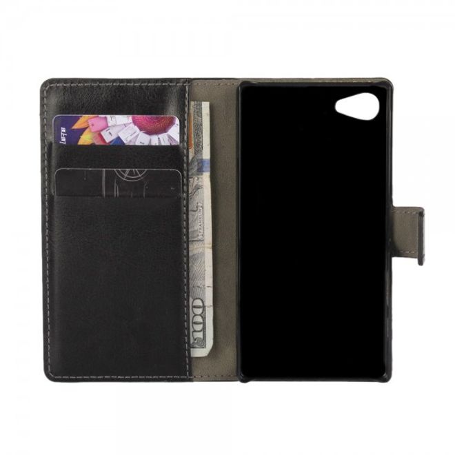 Sony Xperia Z5 Compact Elegantes Crazy Horse Leder Flip Case mit Kreditkartenslots - schwarz