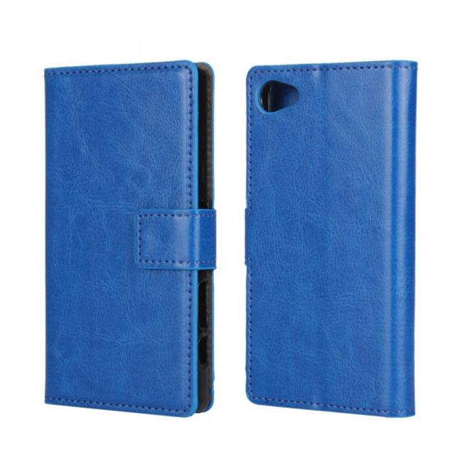 Sony Xperia Z5 Compact Elegantes Crazy Horse Leder Flip Case mit Kreditkartenslots - dunkelblau