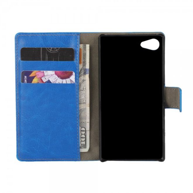 Sony Xperia Z5 Compact Elegantes Crazy Horse Leder Flip Case mit Kreditkartenslots - dunkelblau