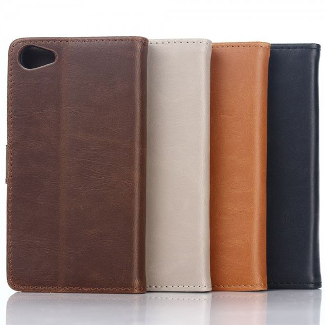 Sony Xperia Z5 Compact Retro Crazy Horse Leder Case mit Standfunktion - grau