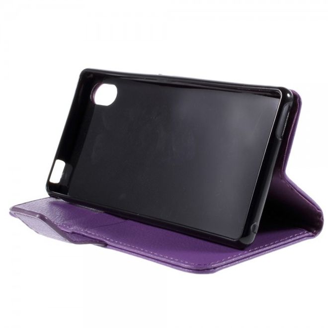 Sony Xperia M4 Aqua Schickes Leder Case mit Litchitextur und Standfunktion - purpur
