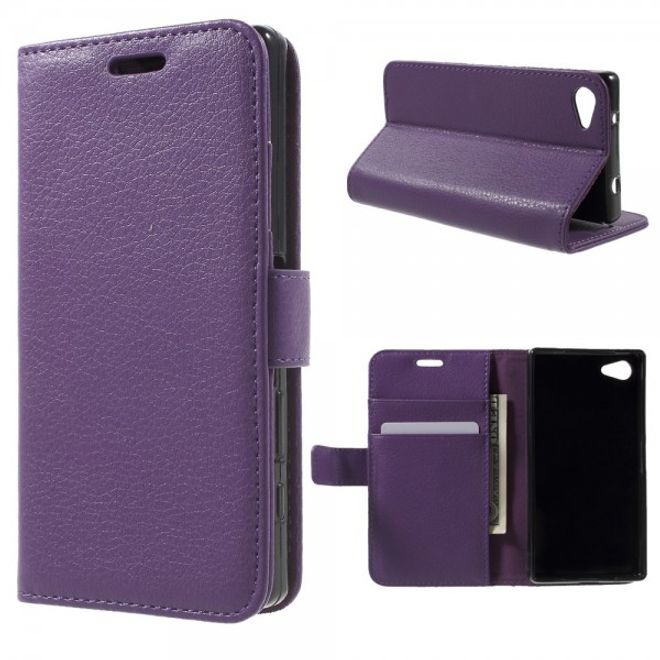 Sony Xperia Z5 Compact Schickes Leder Case mit Litchitextur und Standfunktion - purpur