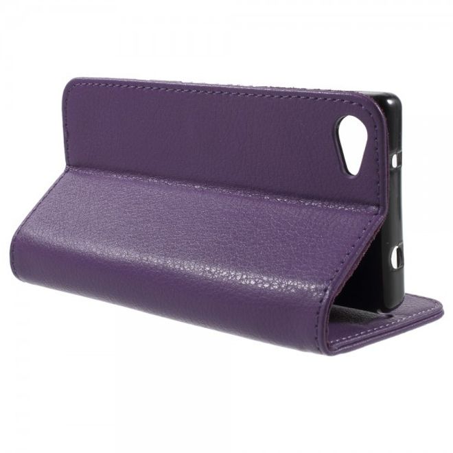 Sony Xperia Z5 Compact Schickes Leder Case mit Litchitextur und Standfunktion - purpur