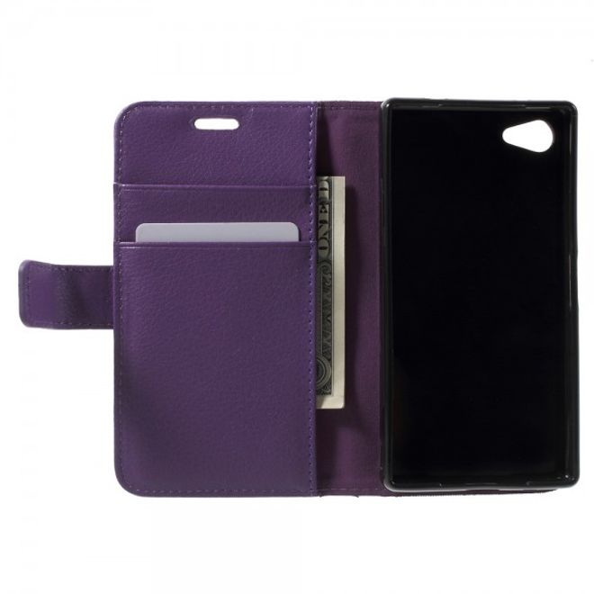 Sony Xperia Z5 Compact Schickes Leder Case mit Litchitextur und Standfunktion - purpur
