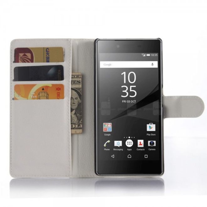 Sony Xperia Z5 Premium/Dual Trendiges Leder Case mit Litchitextur und Kreditkartenslots - weiss