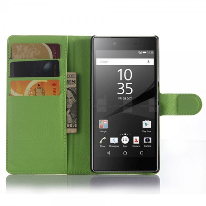 Sony Xperia Z5 Premium/Dual Trendiges Leder Case mit Litchitextur und Kreditkartenslots - grün