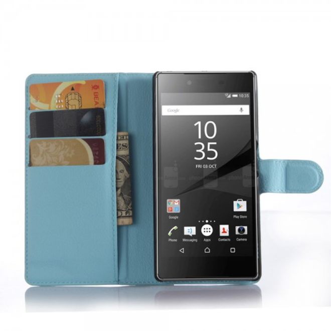 Sony Xperia Z5 Premium/Dual Trendiges Leder Case mit Litchitextur und Kreditkartenslots - hellblau