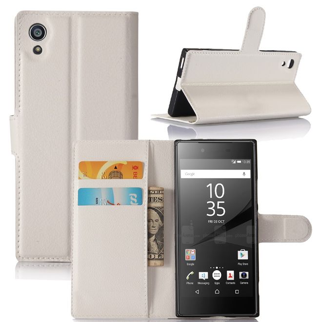Sony Xperia XA1 Handy Case - Hülle aus Leder - mit Litchitextur und Standfunktion - weiss