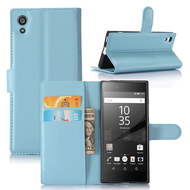 Sony Xperia XA1 Handy Case - Hülle aus Leder - mit Litchitextur und Standfunktion - blau