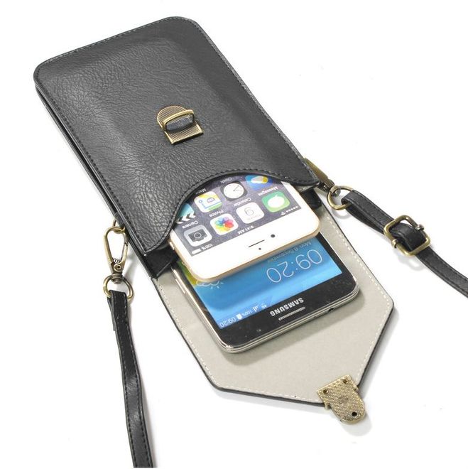Universelle Handytasche (bis 6.3") - Beutel aus Leder - mit Tragegurt und Schnalle - schwarz
