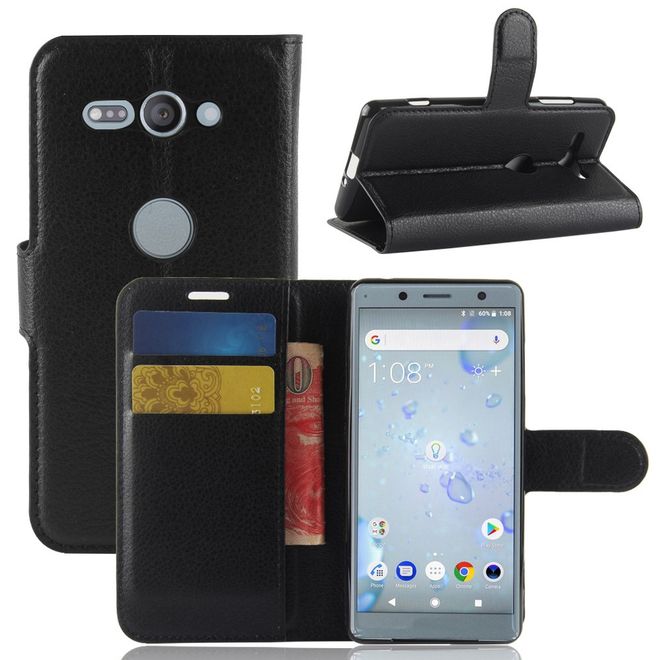 Sony Xperia XZ2 Compact Handy Hülle - Case aus Leder - mit Standfunktion und Litchitextur - schwarz