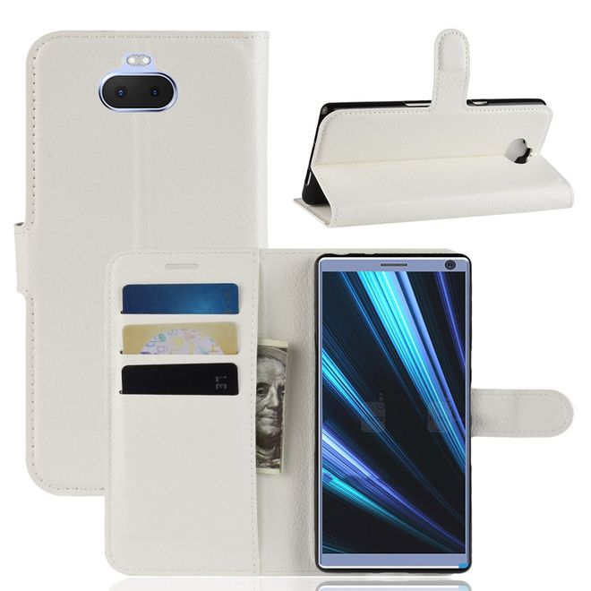 Sony Xperia 10 Plus Handy Hülle - Litchi Leder Bookcover Series - weiss