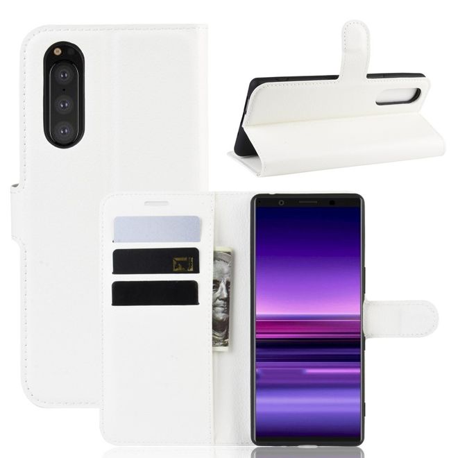 Sony Xperia 5 Handy Hülle - Litchi Leder Bookcover Series - weiss