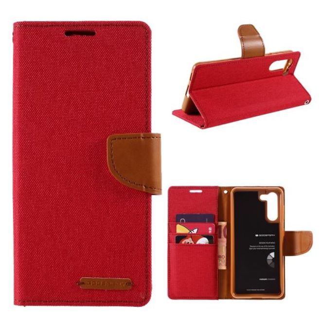 Goospery - Samsung Galaxy S21+ Hülle - Leder/Stoff Case - Canvas Diary Series - rot/camel