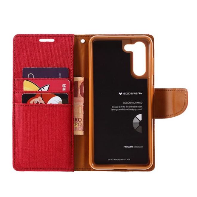 Goospery - Samsung Galaxy S21+ Hülle - Leder/Stoff Case - Canvas Diary Series - rot/camel