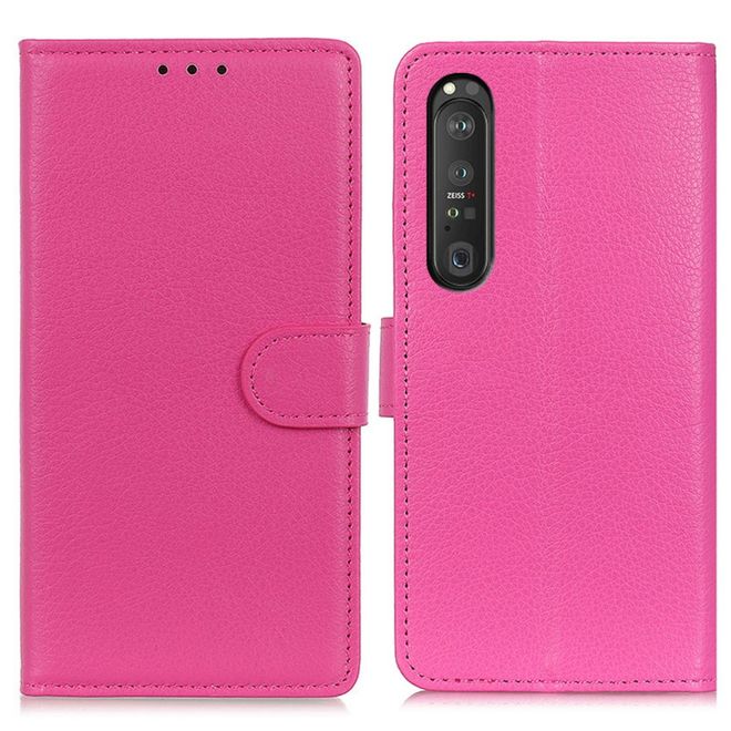 Sony Xperia 1 III Handy Hülle - Litchi Leder Bookcover Series - rosa