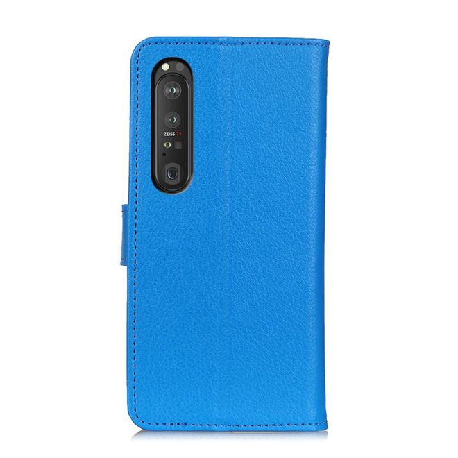 Sony Xperia 1 III Handy Hülle - Litchi Leder Bookcover Series - blau