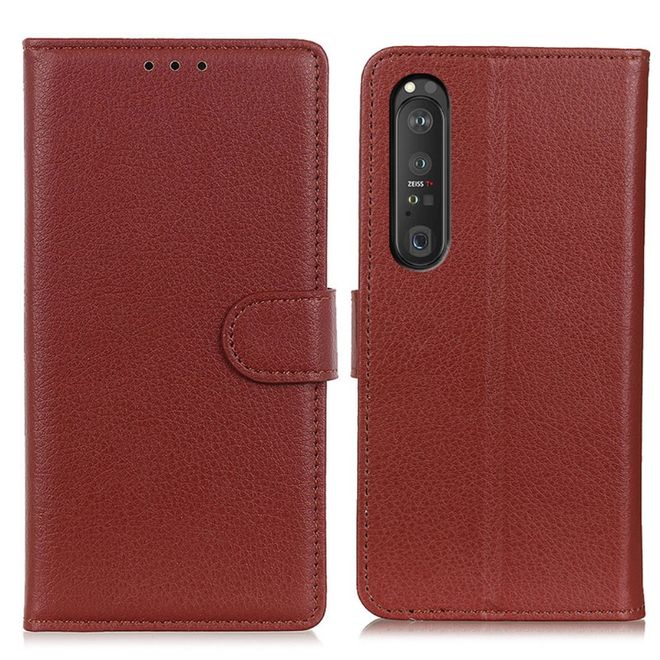 Sony Xperia 1 III Handy Hülle - Litchi Leder Bookcover Series - braun