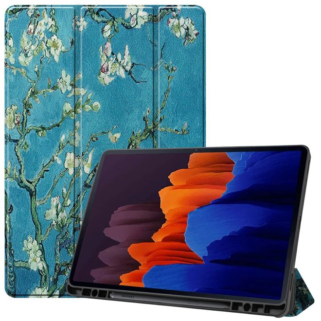 Samsung Galaxy Tab S7+ Hülle - Dreifach faltbares Case aus Leder - Baum mit Blüten