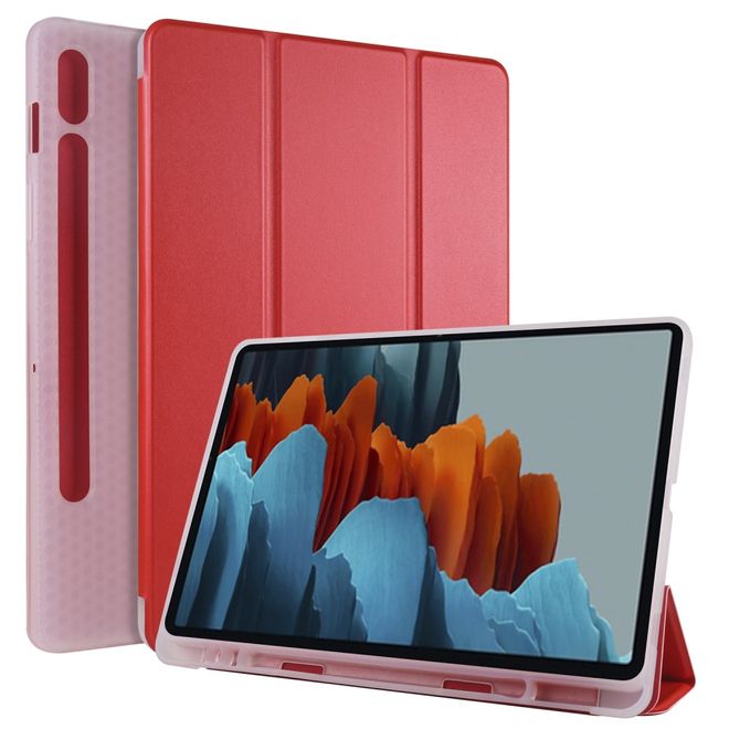 Samsung Galaxy Tab S7 Hülle - Dreifach faltbares Leder Case mit Stylus Halterung - rot