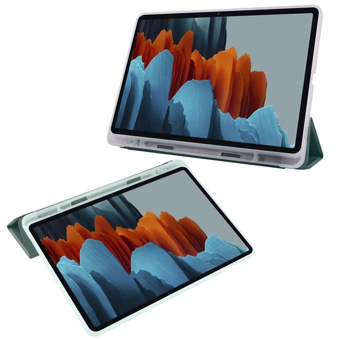 Samsung Galaxy Tab S7 Hülle - Dreifach faltbares Leder Case mit Stylus Halterung - grün