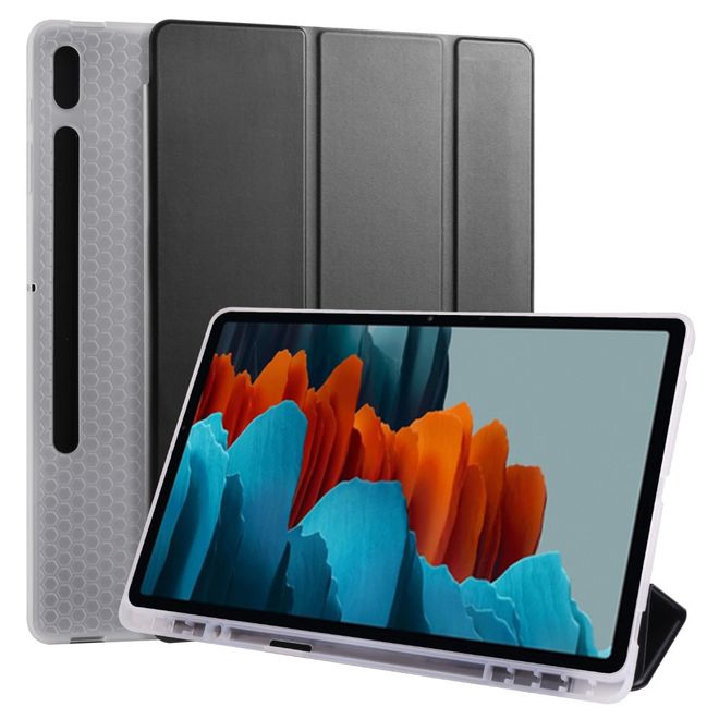 Samsung Galaxy Tab S7+ Hülle - Dreifach faltbares Leder Case mit Stylus Halterung - schwarz