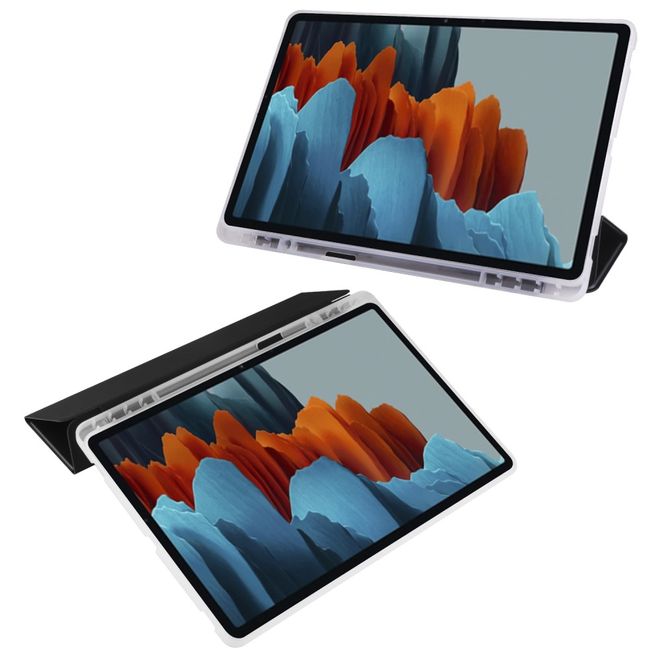 Samsung Galaxy Tab S7+ Hülle - Dreifach faltbares Leder Case mit Stylus Halterung - schwarz