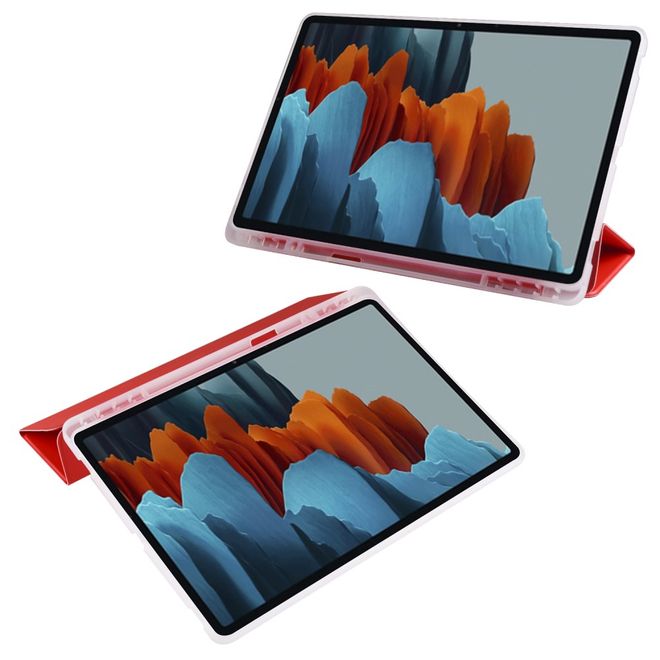 Samsung Galaxy Tab S7+ Hülle - Dreifach faltbares Leder Case mit Stylus Halterung - rot