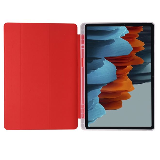 Samsung Galaxy Tab S7+ Hülle - Dreifach faltbares Leder Case mit Stylus Halterung - rot