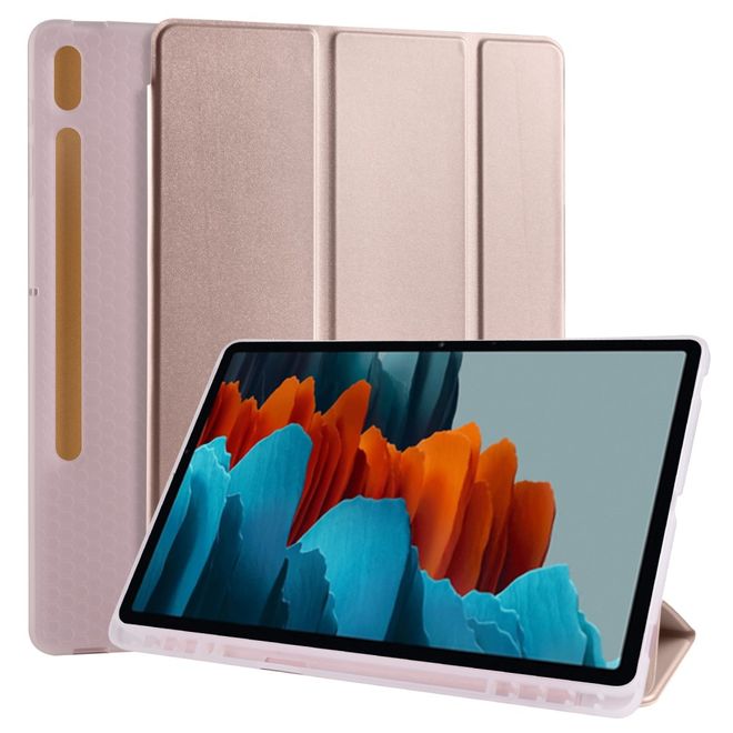 Samsung Galaxy Tab S7+ Hülle - Dreifach faltbares Leder Case mit Stylus Halterung - gold
