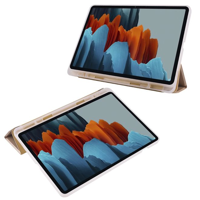 Samsung Galaxy Tab S7+ Hülle - Dreifach faltbares Leder Case mit Stylus Halterung - gold