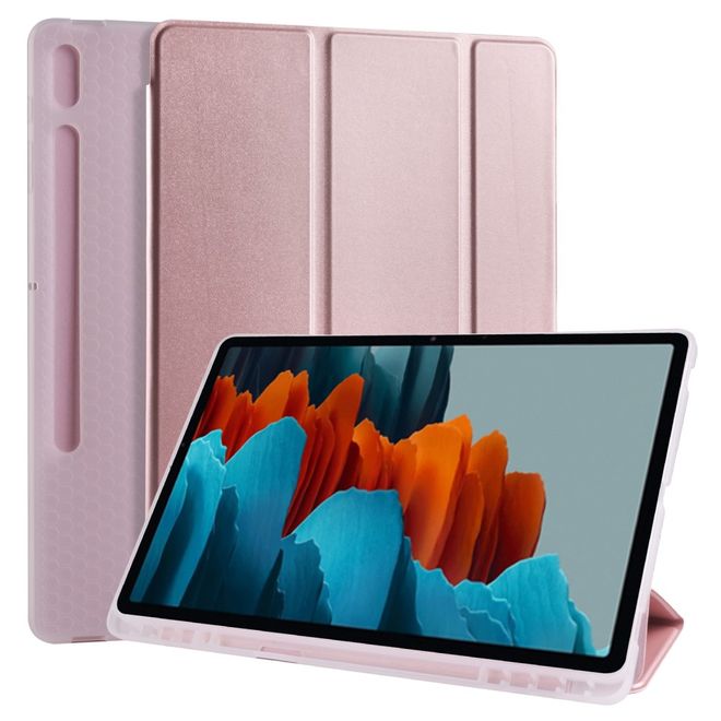 Samsung Galaxy Tab S7+ Hülle - Dreifach faltbares Leder Case mit Stylus Halterung - rosegold
