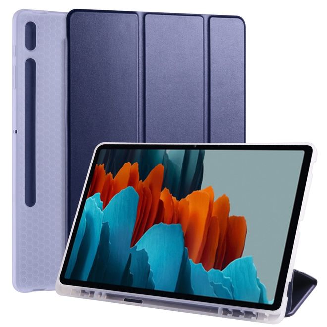 Samsung Galaxy Tab S7+ Hülle - Dreifach faltbares Leder Case mit Stylus Halterung - blau