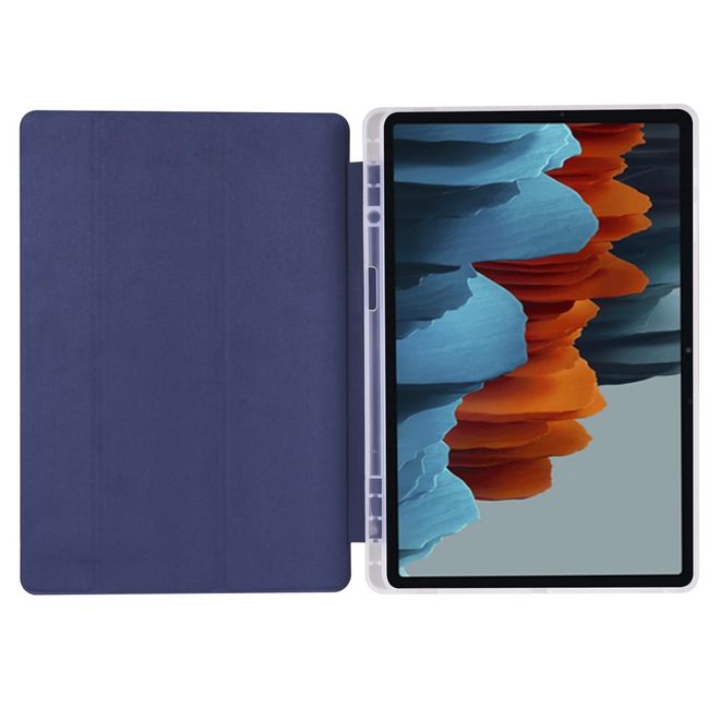 Samsung Galaxy Tab S7+ Hülle - Dreifach faltbares Leder Case mit Stylus Halterung - blau