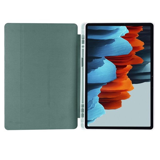 Samsung Galaxy Tab S7+ Hülle - Dreifach faltbares Leder Case mit Stylus Halterung - grün