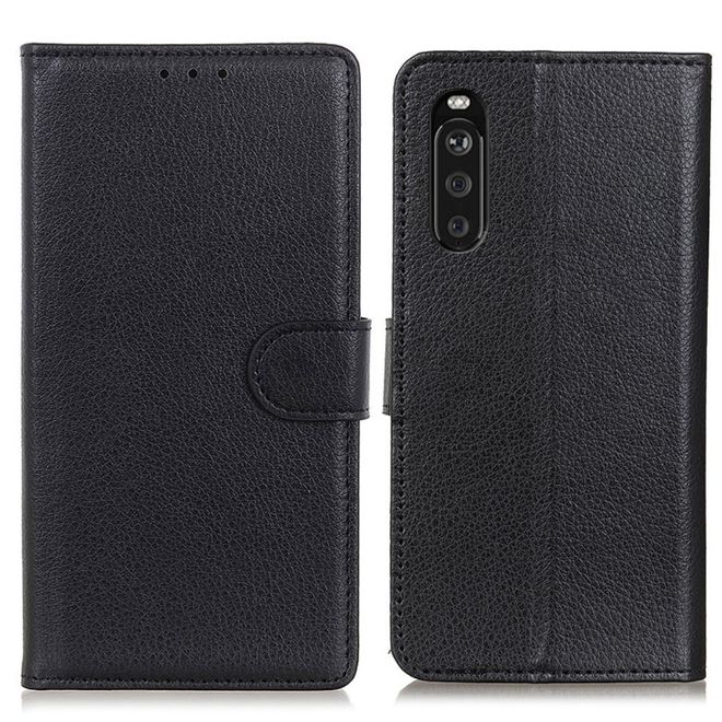 Sony Xperia 10 III Handy Hülle - Litchi Leder Bookcover Series - schwarz