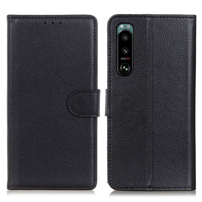 Sony Xperia 5 III Handy Hülle - Litchi Leder Bookcover Series - schwarz