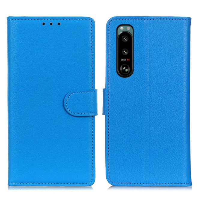 Sony Xperia 5 III Handy Hülle - Litchi Leder Bookcover Series - blau
