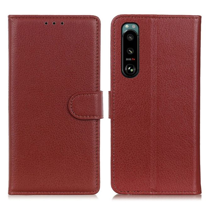 Sony Xperia 5 III Handy Hülle - Litchi Leder Bookcover Series - braun