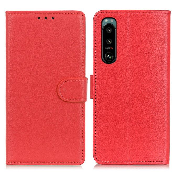 Sony Xperia 5 III Handy Hülle - Litchi Leder Bookcover Series - rot
